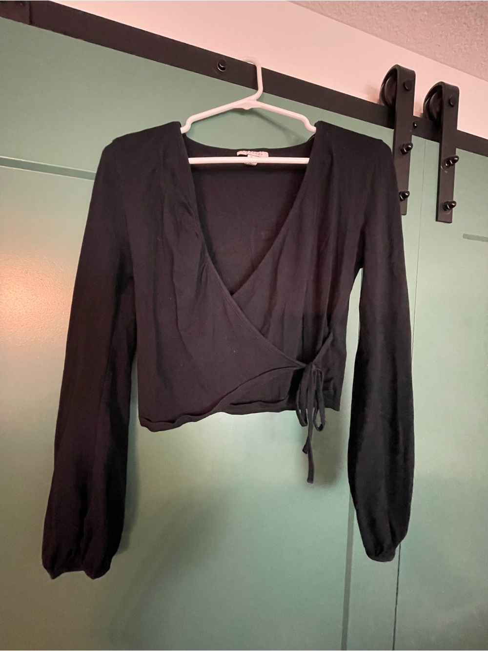Topshop Black Long-Sleeve Wrap Crop Top